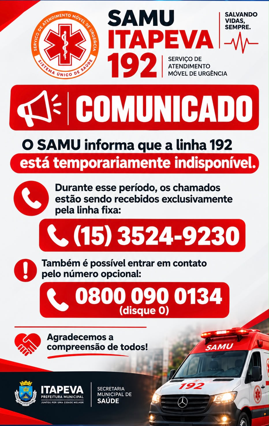 Arte do destaque ATENÇÃO: Linha 192 do SAMU temporariamente indisponível em Itapeva